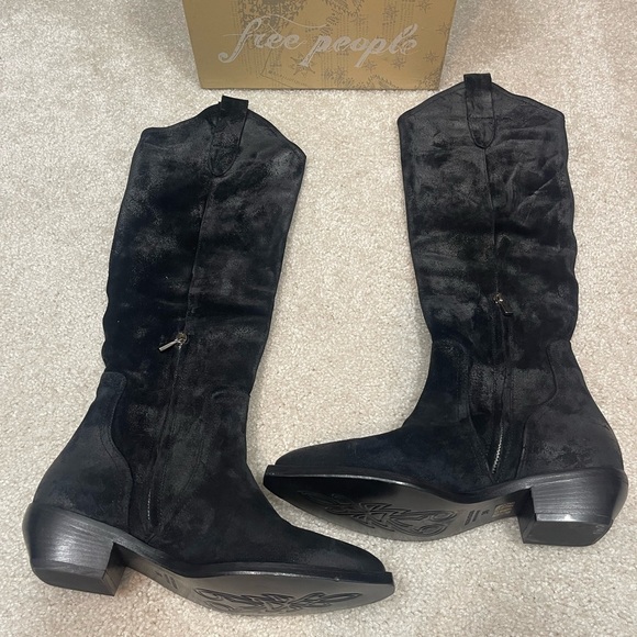 FREE PEOPLE Rue Western Slouch Black Knee High Suede Tall Boots size EU 38 US 8 - Picture 4 of 9